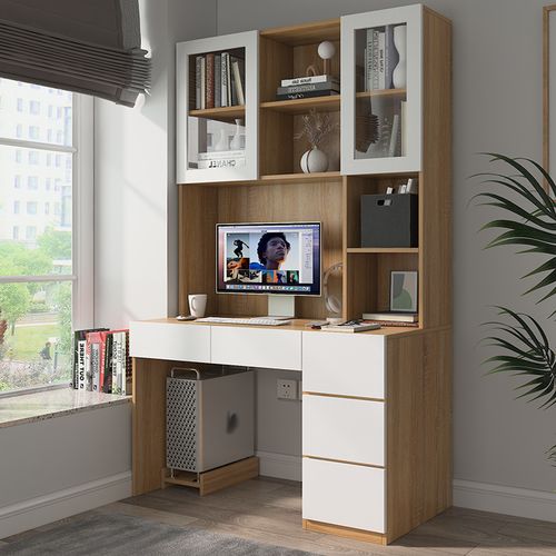 定制北欧书桌书架一体家用书柜电脑桌实木写字台学习桌子现代简约 -