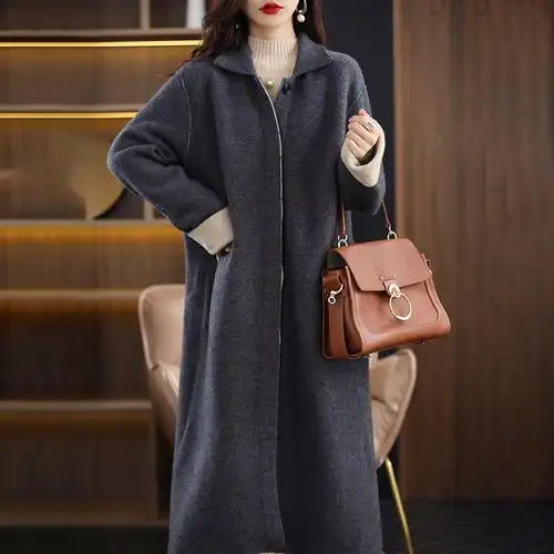 2022年秋冬新款复古风重磅双面山羊绒大衣女中长款暗扣衬衣领外套