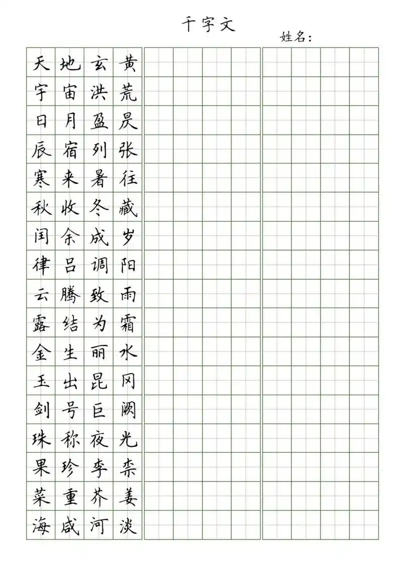 《千字文》硬笔楷书字帖～全15页小学生必备7199