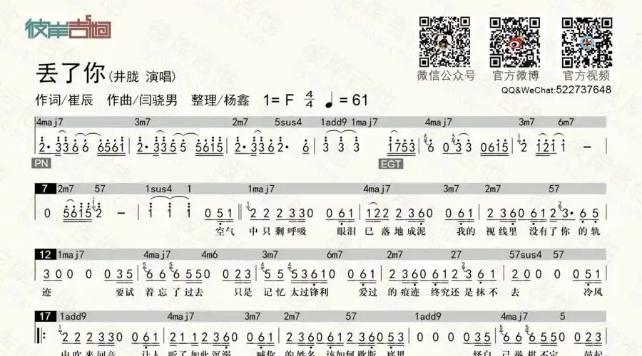 井胧《丢了你(和弦功能谱 简谱歌词)-老杨教吉他》吉他谱