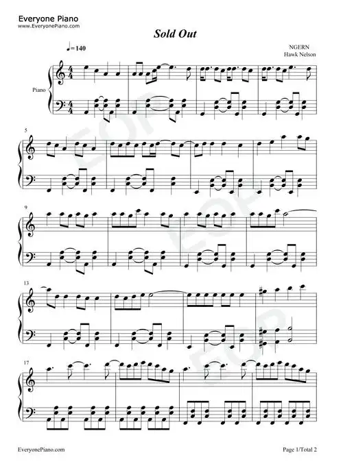 sold out钢琴谱-hawk nelson-看谱啦