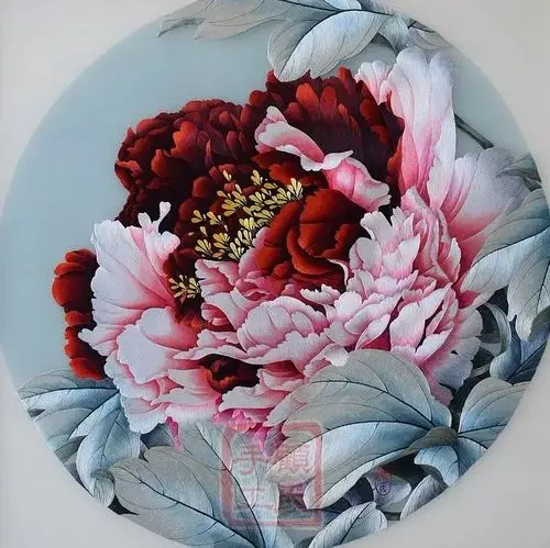 顾氏苏绣牡丹14丝工艺刺绣圆形牡丹花三