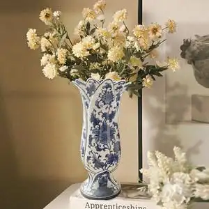 陶瓷花瓶客厅餐桌插花高档轻奢花艺中式复古青花瓷花瓶大口摆件