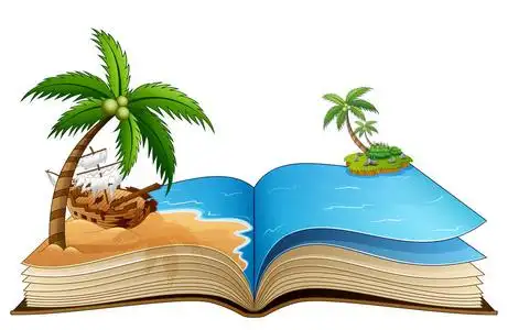 海滩上破海盗船打开书的矢量插图卡通海盗船与大炮在白色背景插图为