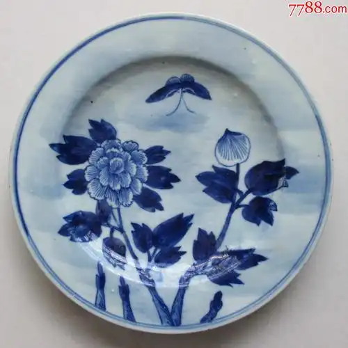 3cm,清代清中晚期,豆青釉青花牡丹盘,图案少见,和牡丹罐配套