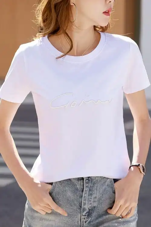 字母刺绣纯棉纯色短袖经典女装t恤女夏季宽松体恤上衣t恤潮流韩版
