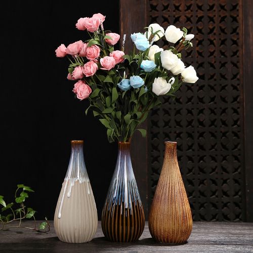 花瓶陶瓷瓷窑变流简约复古条纹小口干花插花花瓶