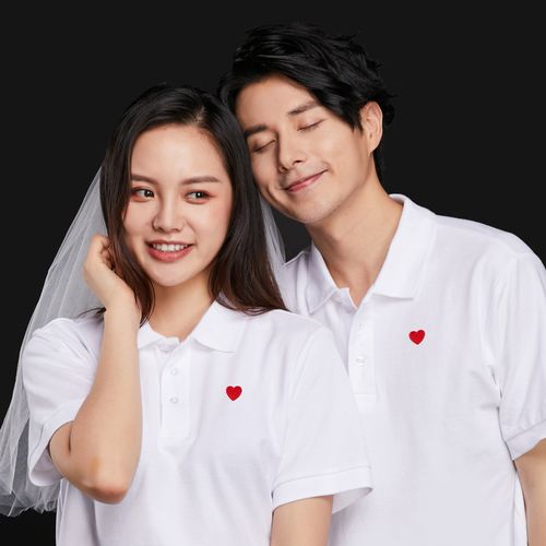 领证结婚登记情侣装夏装白色短袖polo爱心刺绣证件t恤