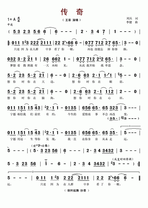 【传奇简谱】传奇简谱