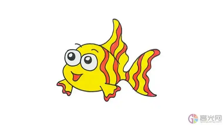 鱼鳍和尾巴,然后画出鱼身上的花纹,最后给它涂上颜色,这样鱼简笔画就