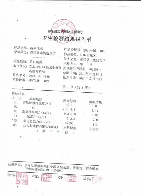 年将乐县鑫慎游泳馆卫生检测报告_ 环保,公共卫生,安全生产,食品药品