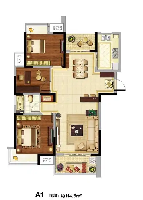 a1户型,四房两厅一卫,约114.6㎡