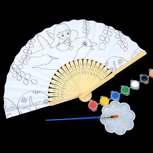 儿童绘画填色折扇空白线条卡通diy扇子手工材料涂色涂鸦手绘美术