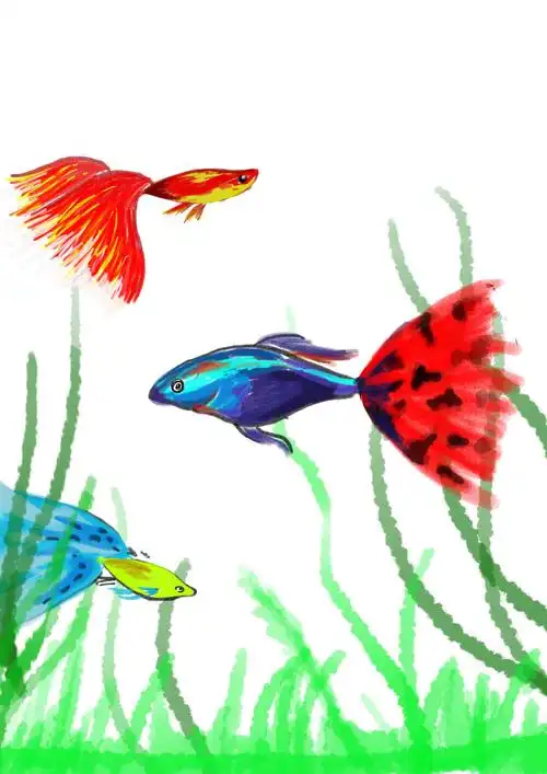 最下面鱼画的比较小,但是尾巴很大.颜色用到蓝色,黄色.