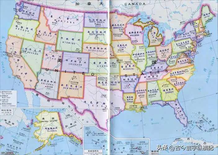 美国地图美国的首都是华盛顿,全称华盛顿哥伦比亚特区,位于美国东北部