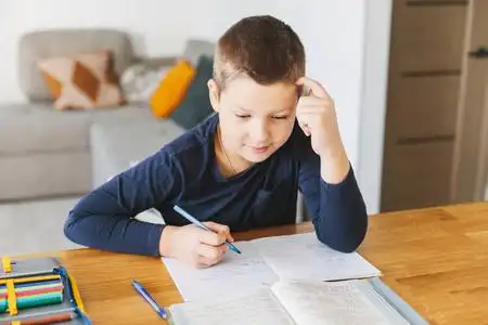 小学生在家里的桌子上做作业. 家庭教育概念照片