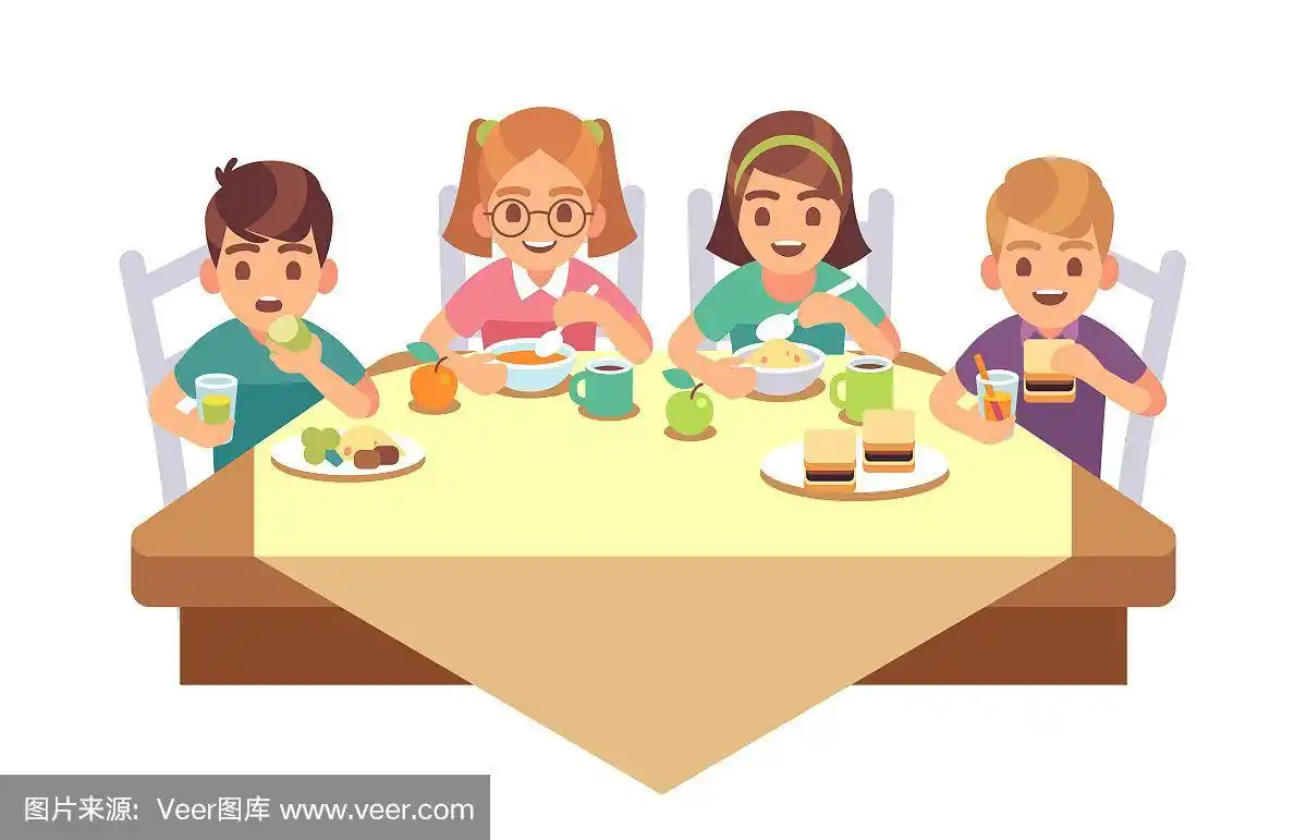儿童用餐晚餐咖啡厅餐厅快乐儿童早餐午餐快餐餐饮朋友卡通矢量概念