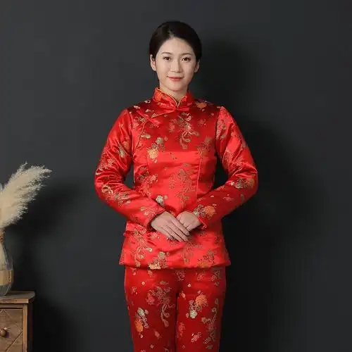 定制锦缎棉花棉衣偏襟立领新娘棉袄盘扣复古民族服装加厚定做加大礼服