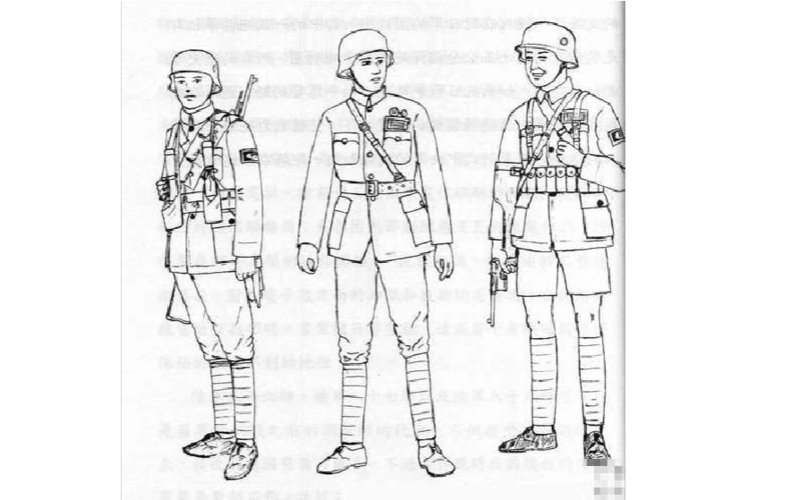 从左到右依次是士兵(持步枪),军官和士官(持毛瑟96c自动手枪)