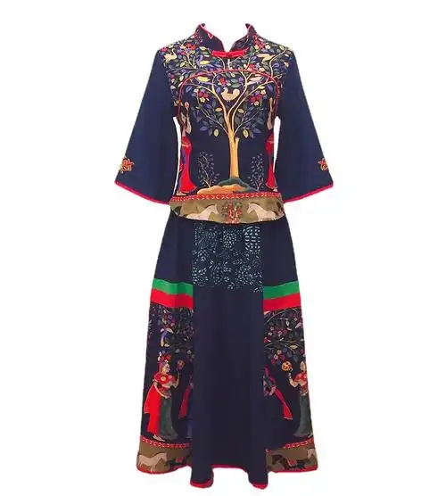 中国风傣族女装春季丽江云南服装女民族风拼接大摆大码棉麻两件套