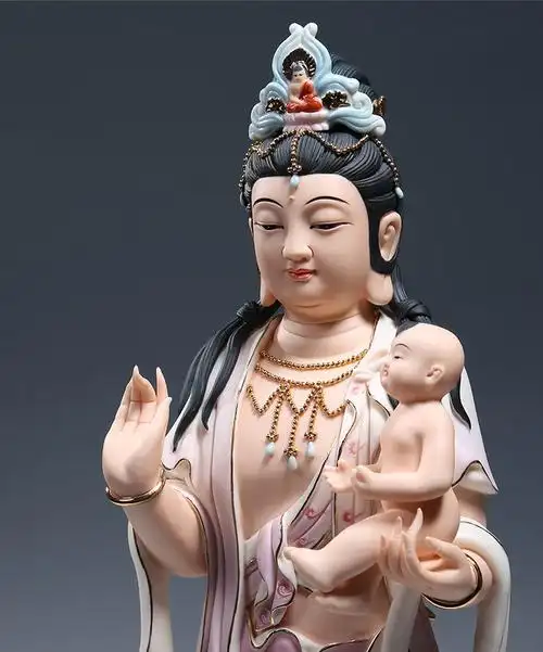 微美彩绘陶瓷19吋立莲送子观音佛像摆件家用供奉求子观世音菩萨 红彩