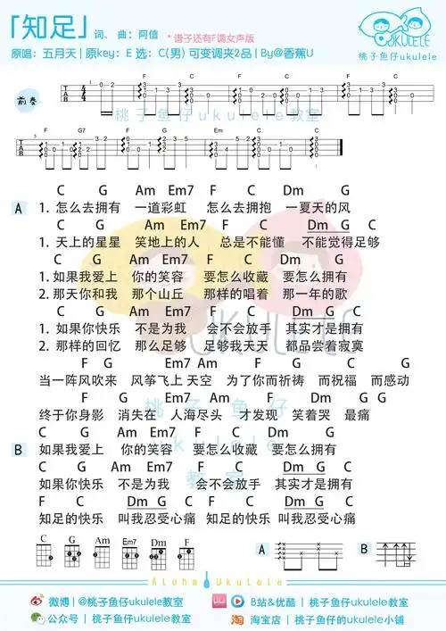 五月天林俊杰知足尤克里里弹唱指弹教学