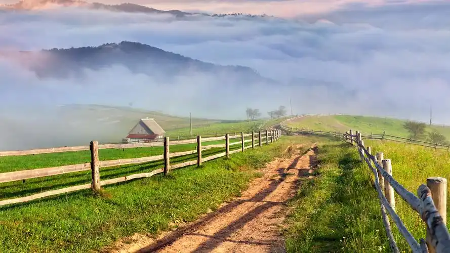 自然风光,农村,山区,草地上,薄雾,村庄,道路 壁纸