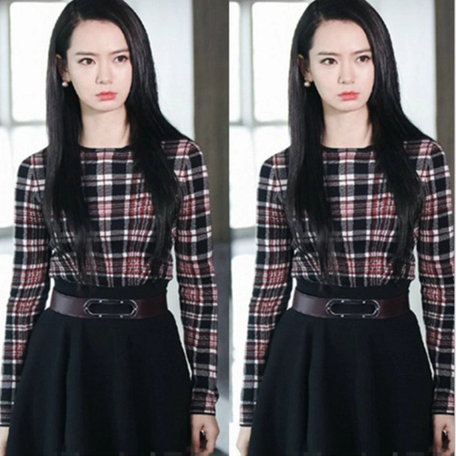 秋季你好乔安戚薇同款不规则格子拼接中长款修身显瘦毛呢连衣裙