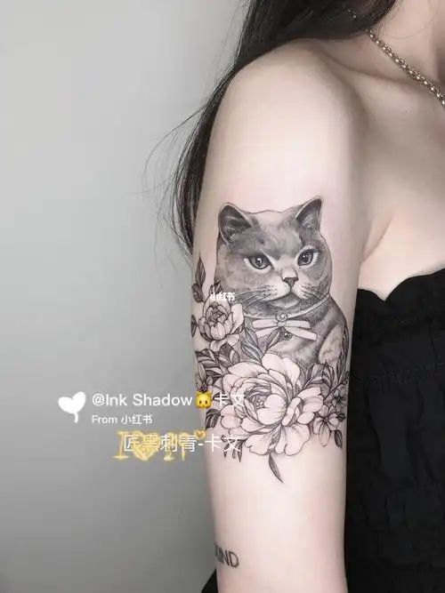 萌宠蓝猫素花纹身小清新花臂