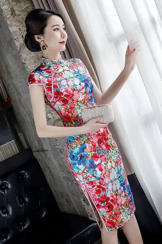 巧祺新款时尚真丝碎花短款日常中老年时尚连衣裙显瘦妈妈装旗袍裙