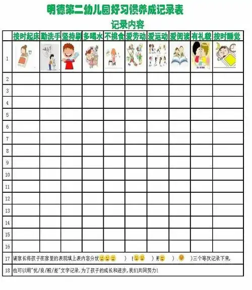 最后就是我们的幼儿习惯养成打卡记录表,要记得坚持记录打卡哟!加油!