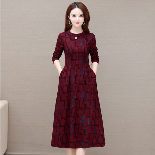 秋季印花长袖连衣裙女2021中年妈妈装中长裙新款显瘦过膝打底裙子
