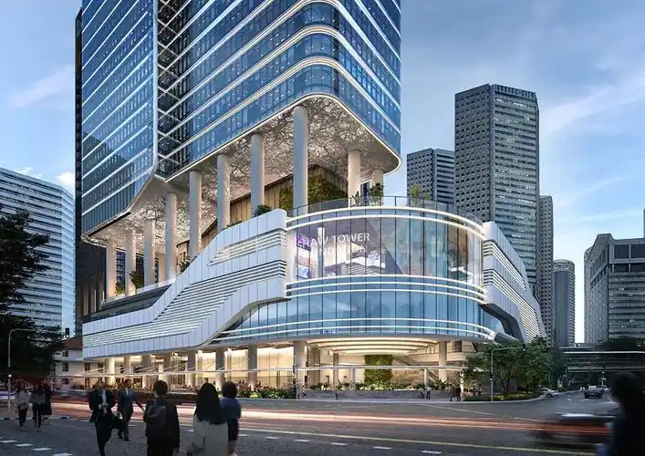 转角处的落客区和文化遗产中心设计为全新的邵氏大厦打造出独特的建筑