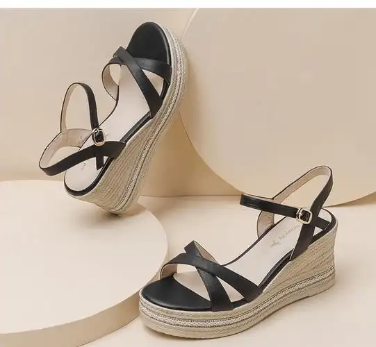 红蜻蜓女鞋2022夏季新款坡跟凉鞋女厚底高跟真皮显高鞋女百搭一字带