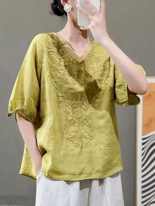 夏季新款刺绣苎麻百搭时尚棉麻衬衫上衣复古衬衫女宽松短袖女 - 17网