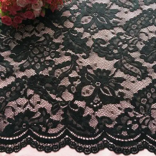 厂家直销锦氨弹力蕾丝面料 波浪边黑色蕾丝布料 时尚女装提花面料