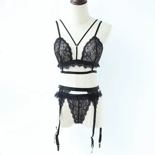 慕巴萨黑色蕾丝透明文胸内裤袜扣三件套情趣睡衣秋冬女士