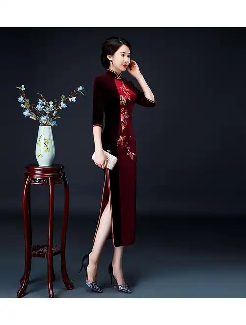 醋酸缎刺绣2019长袖金丝绒旗袍裙高档复古时尚改良妈妈装礼服旗袍