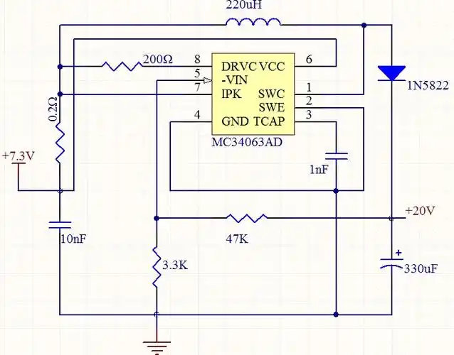 求问用mc34063做个7v~20v升压电路,完全按照数据手册的电路连接的