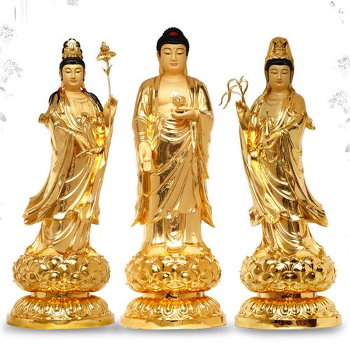 圆通佛具1米3西方三圣佛像纯铜贴金阿弥陀佛观音菩萨家用供奉摆件