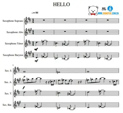 adele阿黛尔 hello 萨克斯四重奏总谱