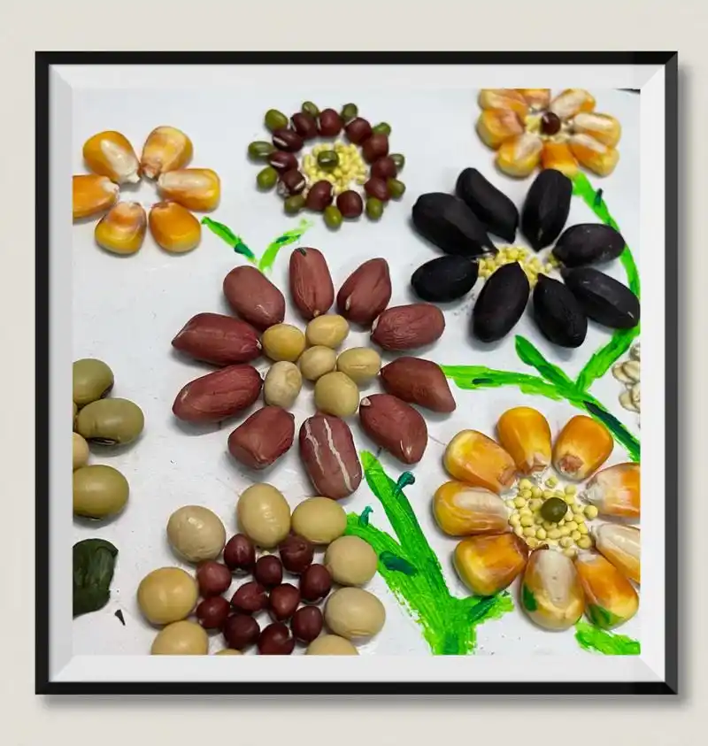 杂粮拼贴,用到白乳胶,丙烯颜料96画出花茎 花朵部分:玉米粒,红花生