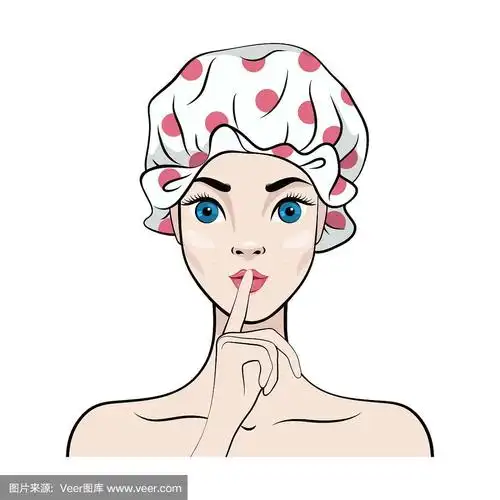 戴浴帽的卡通女孩把一根手指放在嘴唇上.矢量图