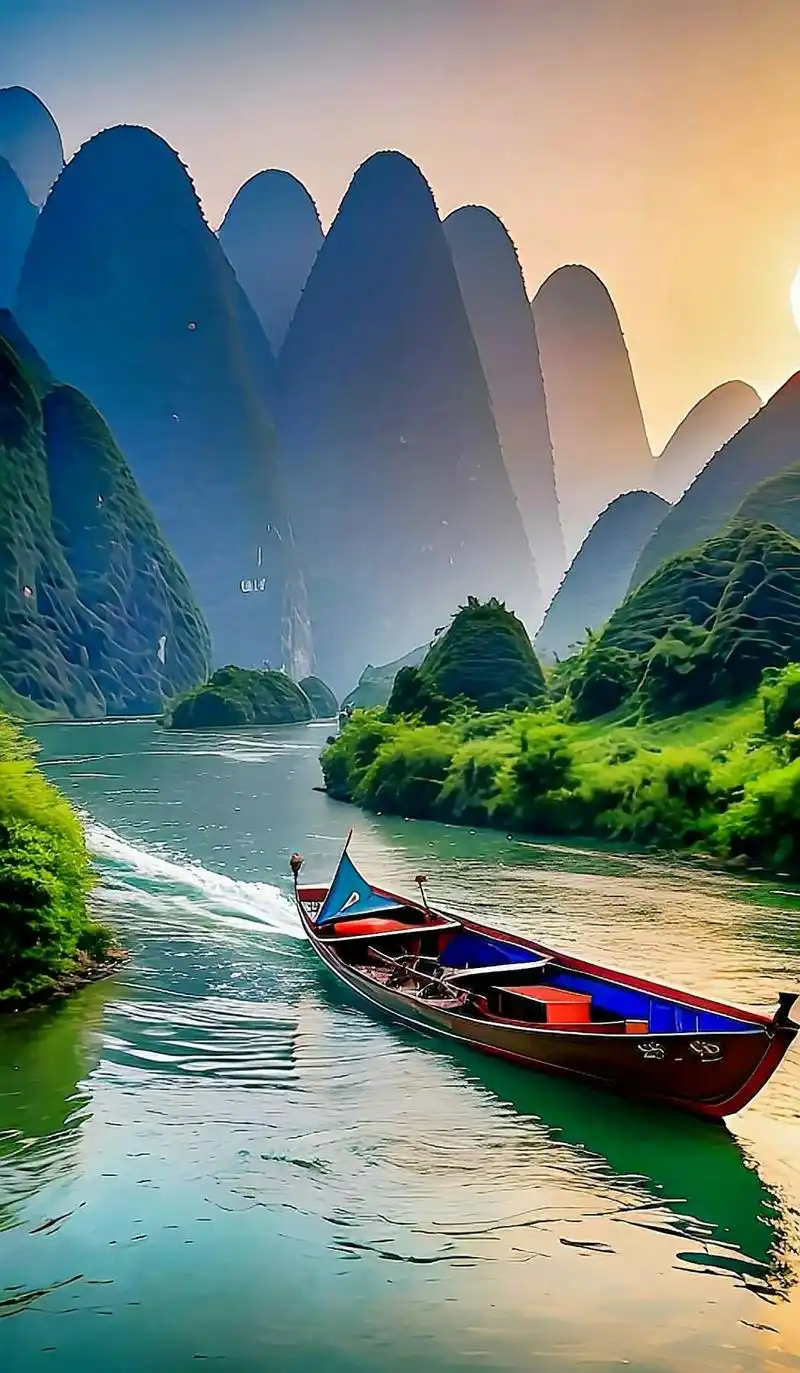 霞光中的桂林山水美不美你说了算,我怎么感觉桂林山水随手一拍就 - 抖