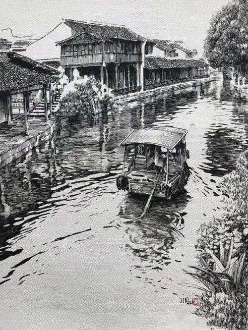 钢笔下的江南水乡雪景