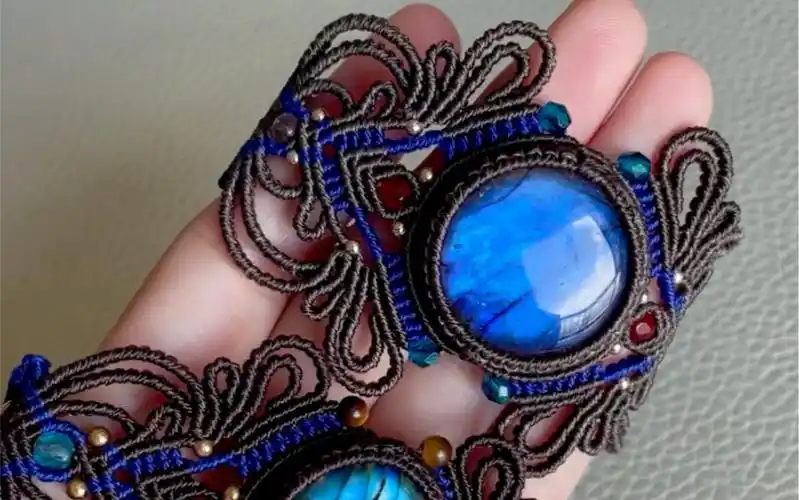 重工宽版拉长石编绳手链 macrame南美蜡线手工编制