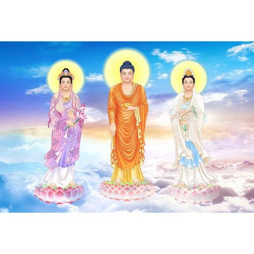 结缘横版高清西方三圣佛画像挂画定制阿弥陀佛观音接引图相纸塑封
