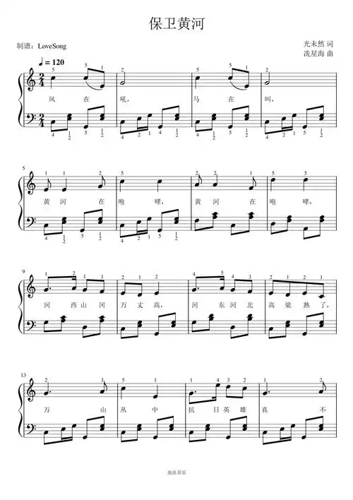 保卫黄河 简易动听 带指法,保卫黄河 简易动听 带指法钢琴谱,保卫黄河