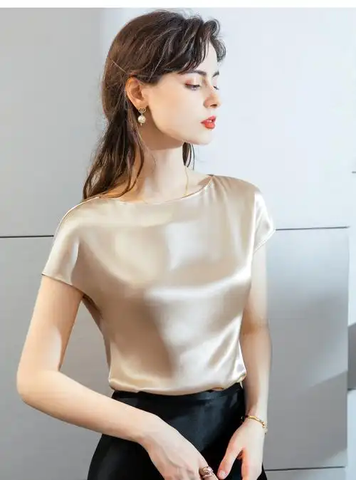 keyuyao轻奢高端女装 醋酸冰丝短袖t恤女2020夏季凉感仿真丝缎面丝滑