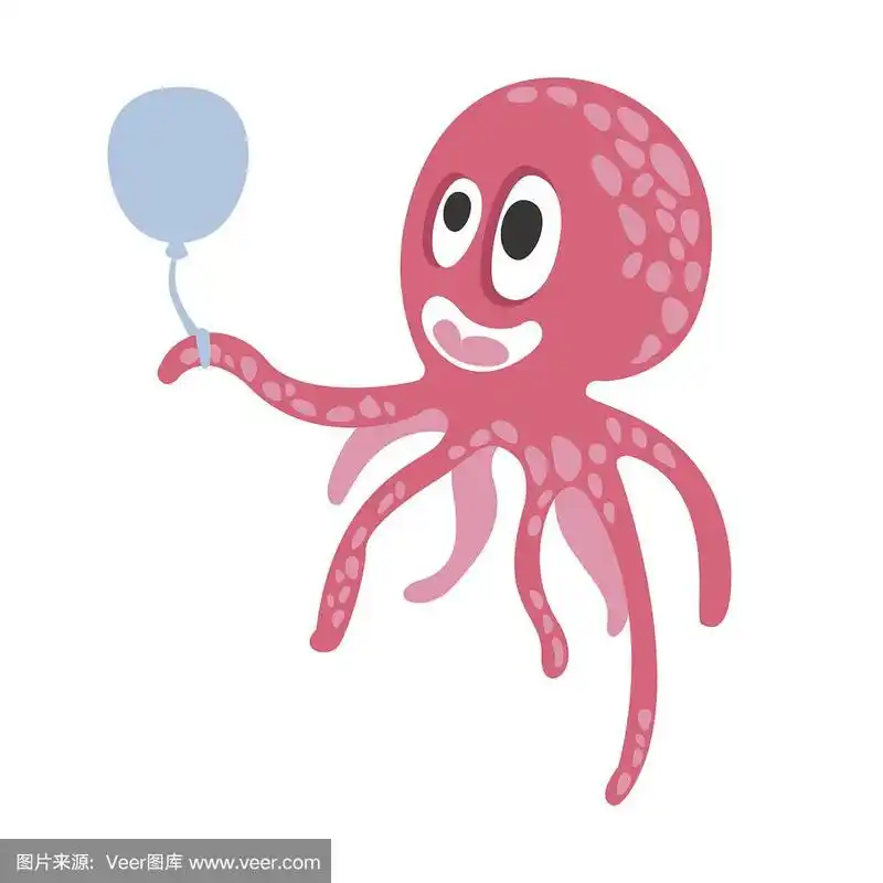 可爱的卡通粉色章鱼人物抱着气球,有趣的海洋珊瑚礁动物矢量插画